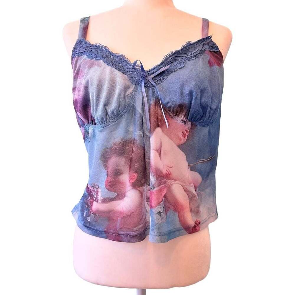 Cider Renaissance Angel Print Lace Trim Cami Top Size 1XL